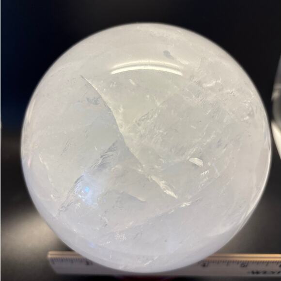 Large Milky Clear Quartz Sphere | Crystal Ball with Wispy Striped Inclusions - Picture 9 of 9